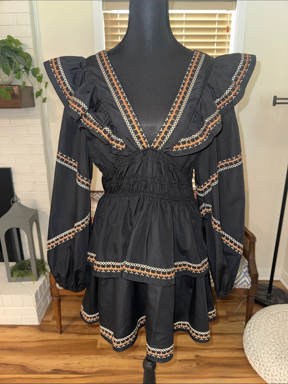 NWOT Black Embroidered Ruffle Long-Sleeve Dress